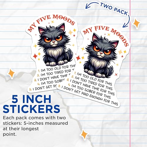 (2 Pack) My Five Moods Stickers - Funny Grumpy Cat - Cute Animal - Vinyl Decal for Laptop and Water Bottle - 5" On Longest Side - Sticks to Smooth Flat Surfaces - Made in USA - BMCS7338