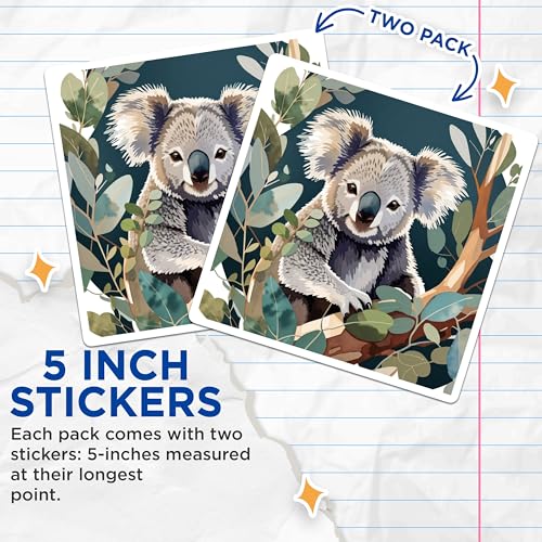 (2 Pack) Koala Bear Stickers - Cute Animal Art - Wildlife Illustration - 5" On Longest Side - Sticks to Smooth Flat Surfaces - Made in USA - BMCS8690