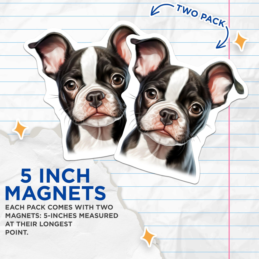 (2 Pack) Boston Terrier Puppy Magnets - Adorable Dog Art - Black White Canine - Pet Lover Decor Fridge Locker - 5 Inches On Longest Side - Thick Durable Magnet - Made in USA - MAG24331