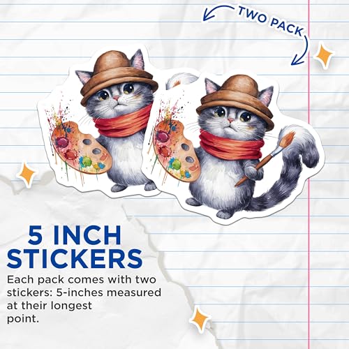 (2 Pack) Cute Cat Artist Stickers - Funny Painting Cat - Art Lover Gift - 5" On Longest Side - Sticks to Smooth Flat Surfaces - Made in USA - BMCS8632