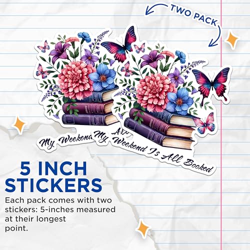 (2 Pack) Floral Book Lover Stickers - Weekend Reading Stickers - Butterfly Flower Stickers - 5" On Longest Side - Sticks to Any Smooth Flat Surface - Made in USA - BMCS2760