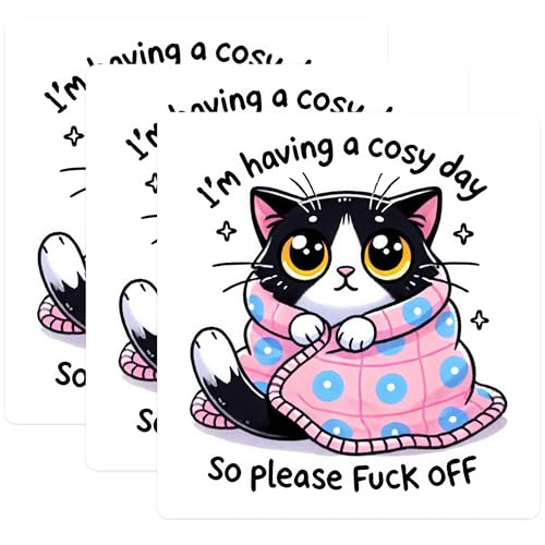 (3 Pack) Cozy Cat Decals - Funny Rude Slogan - Laptop Decals - 3 Inches On Longest Side - Easy Peel & Apply - Made in USA - 3MCS4501