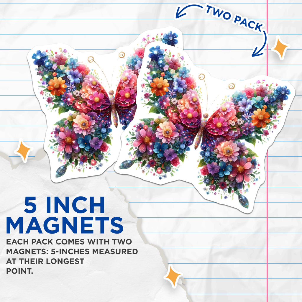 (2 Pack) Floral Butterfly Magnets - Whimsical Flower Refrigerator Decor - Nature Lover Aesthetic Home Accent - 5 Inches On Longest Side - Thick Durable Magnet - Made in USA - MAG36702