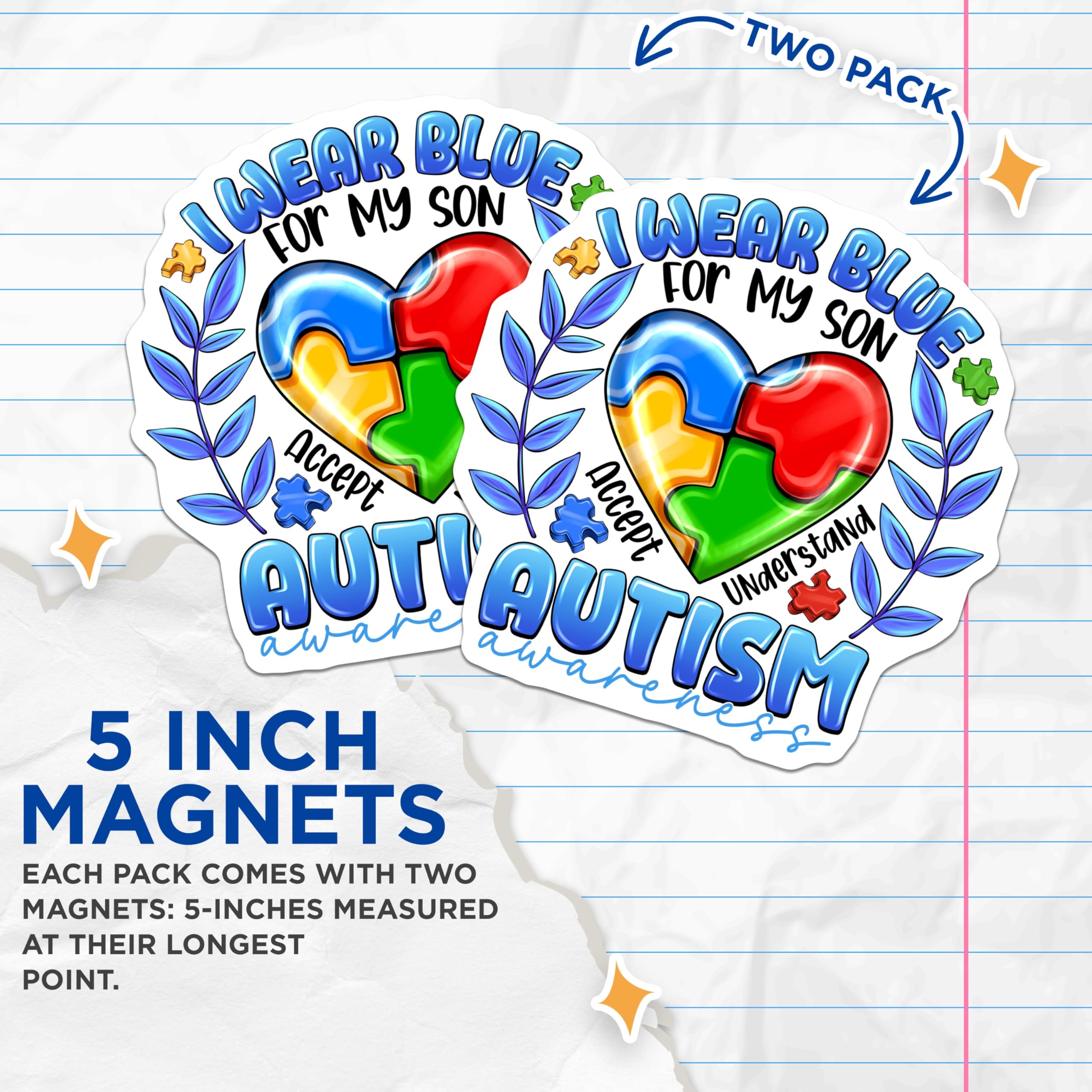 (2 Pack) Autism Awareness Son Magnets - Puzzle Heart Support - Neurodiversity Advocacy - 5 Inches On Longest Side - Thick Durable Magnet - Made in USA - MAG28603