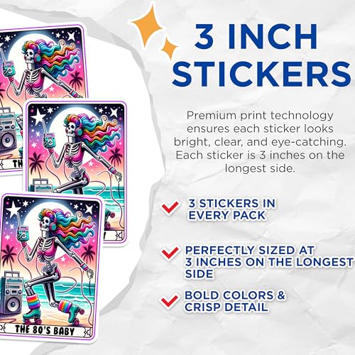 (3 Pack) 80s Baby Skeleton Decals - Roller Skate Skeleton - Rainbow Hair Stickers - 3 Inches On Longest Side - Easy Peel & Apply - Made in USA - 3MCS1406