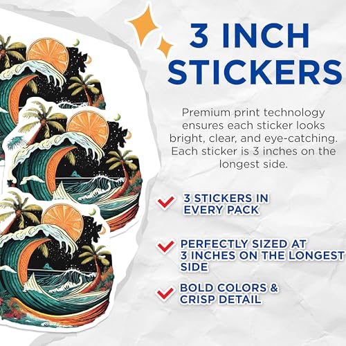 (3 Pack) Tropical Beach Decals - Wave Sun Palm Tree - Summer Vacation Stickers - 3 Inches On Longest Side - Easy Peel & Apply - Made in USA - 3MCS8019