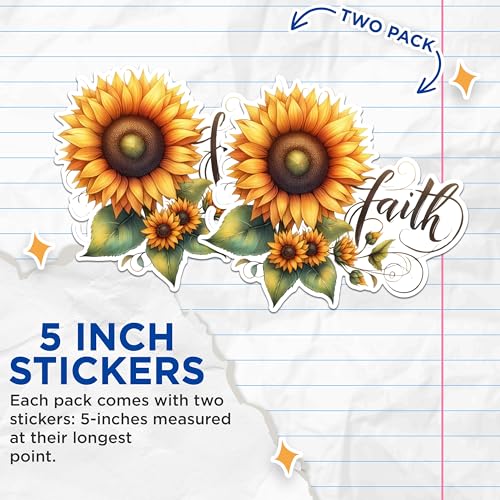 (2 Pack) Sunflower Faith Stickers - Inspirational Sunflower Stickers - Motivational Sunflower Faith Stickers - 5" On Longest Side - Sticks to Any Smooth Flat Surface - Made in USA - BMCS2558