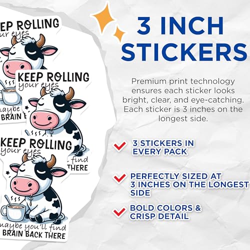(3 Pack) Funny Cow Decals - Sarcastic Humor Sticker - Rolling Eyes Laptop Decal - 3 Inches On Longest Side - Easy Peel & Apply - Made in USA - 3MCS4778