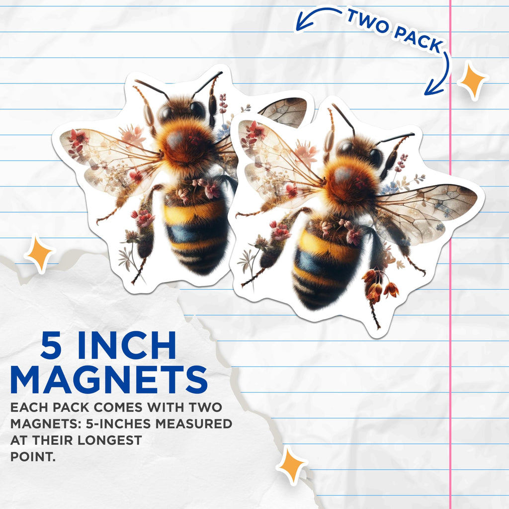 (2 Pack) Floral Honey Bee Magnets - Cute Insect Art - Kitchen Refrigerator Decor - 5" On Longest Side - Premium Magnet - for Cars, Refrigerators, Toolboxes, Lockers - Made in USA - MAG15946