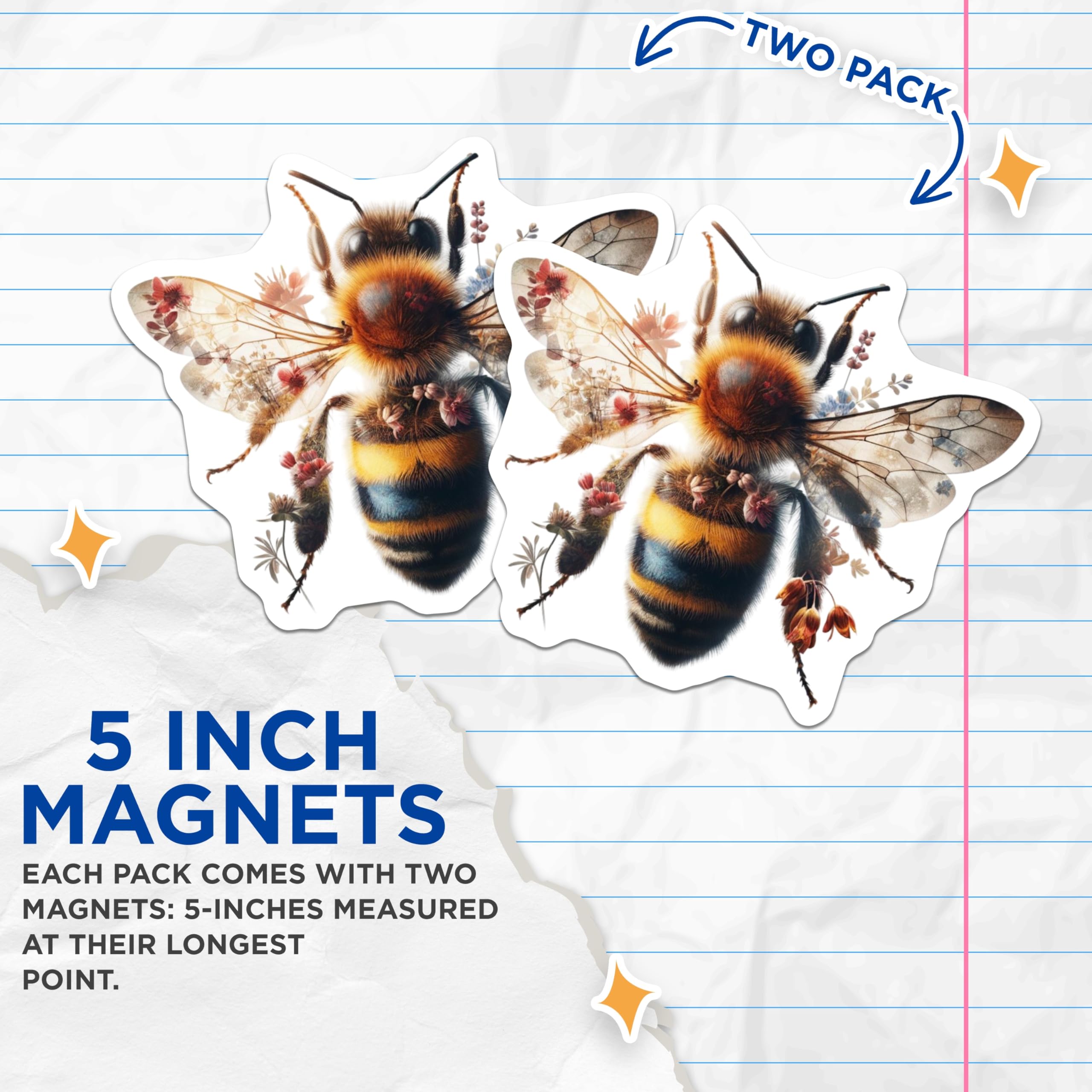 (2 Pack) Floral Honey Bee Magnets - Cute Insect Art - Kitchen Refrigerator Decor - 5" On Longest Side - Premium Magnet - for Cars, Refrigerators, Toolboxes, Lockers - Made in USA - MAG15946