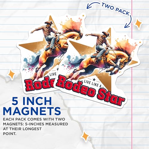 (2 Pack) Rodeo Star Magnets - Cowboy Riding Horse - Live Like A Rodeo Star Decor - 5" On Longest Side - for Cars, Fridges, Toolboxes - Made in USA - MAG7173
