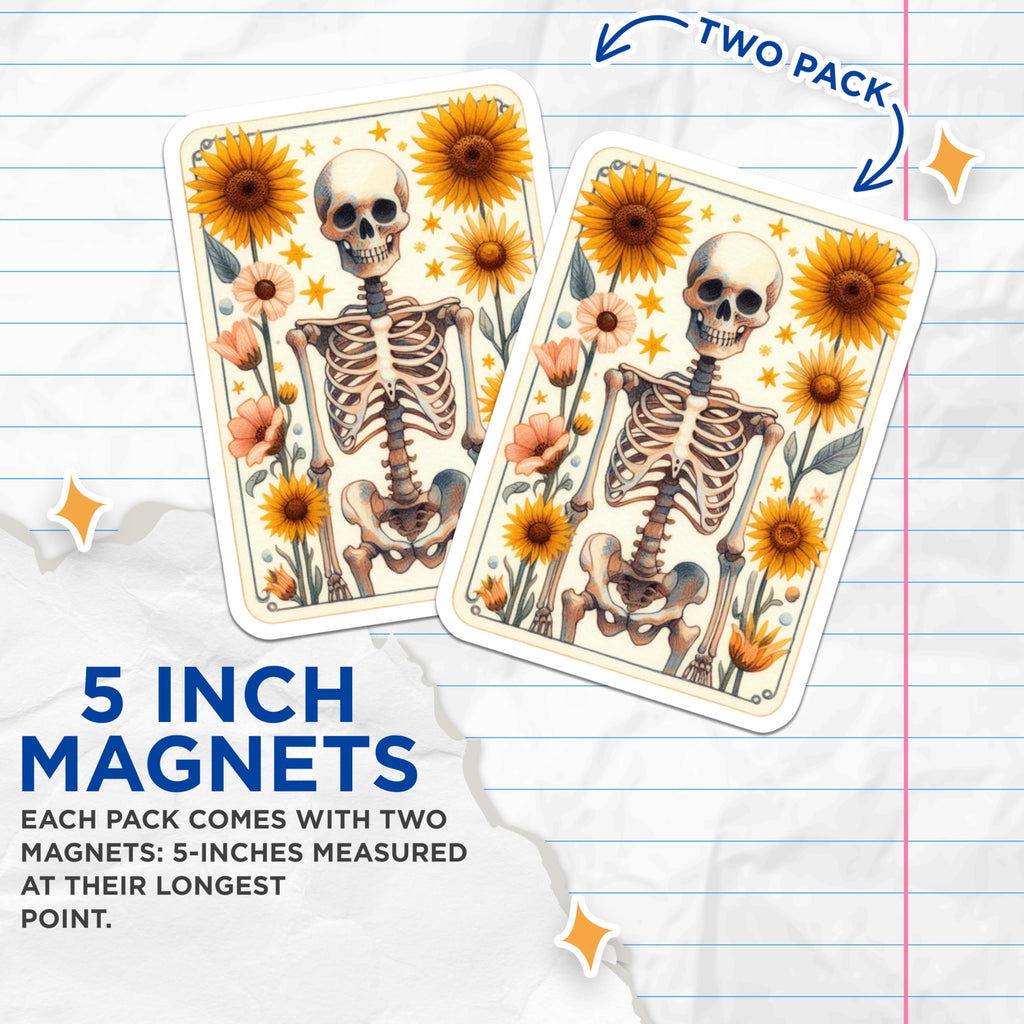 (2 Pack) Skeleton Sunflowers Magnets - Gothic Floral Decor - Whimsical Skull Art - 5 Inches On Longest Side - Thick Durable Magnet - Made in USA - MAG20818