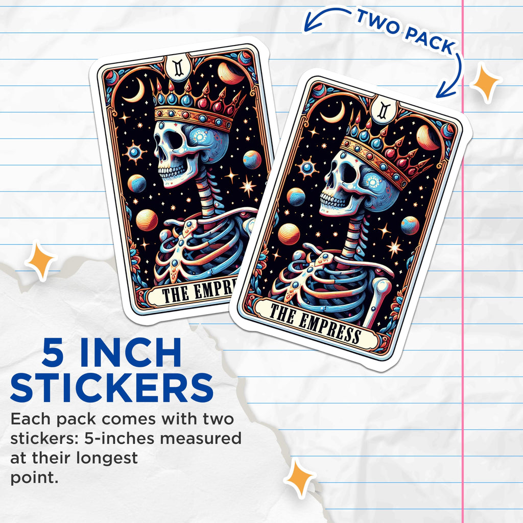(2 Pack) The Empress Tarot Skull Stickers - Cosmic Skeleton Art - Gothic Mystical Tarot - 5" On Longest Side - Sticks to Smooth Flat Surfaces - Made in USA - BMCS5404