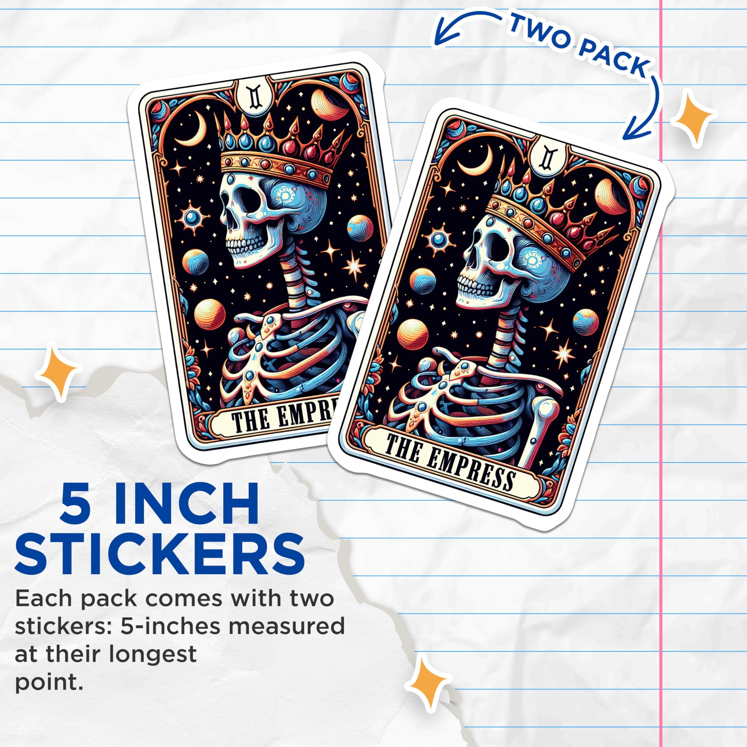 (2 Pack) The Empress Tarot Skull Stickers - Cosmic Skeleton Art - Gothic Mystical Tarot - 5" On Longest Side - Sticks to Smooth Flat Surfaces - Made in USA - BMCS5404