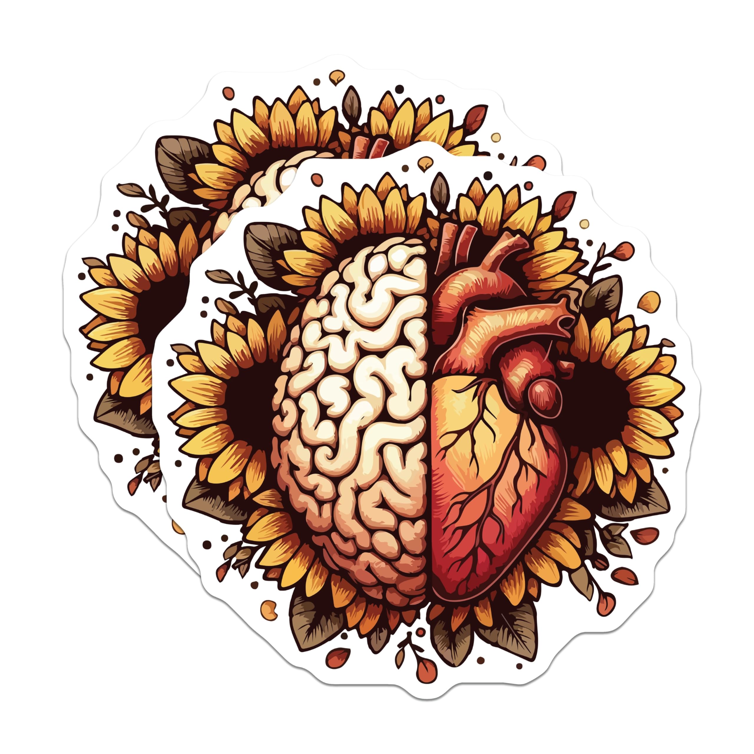(2 Pack) Brain Heart Magnets - Sunflower Art Decor - Mind Body Connection - 5 Inches On Longest Side - Thick Durable Magnet - Made in USA - MAG20057