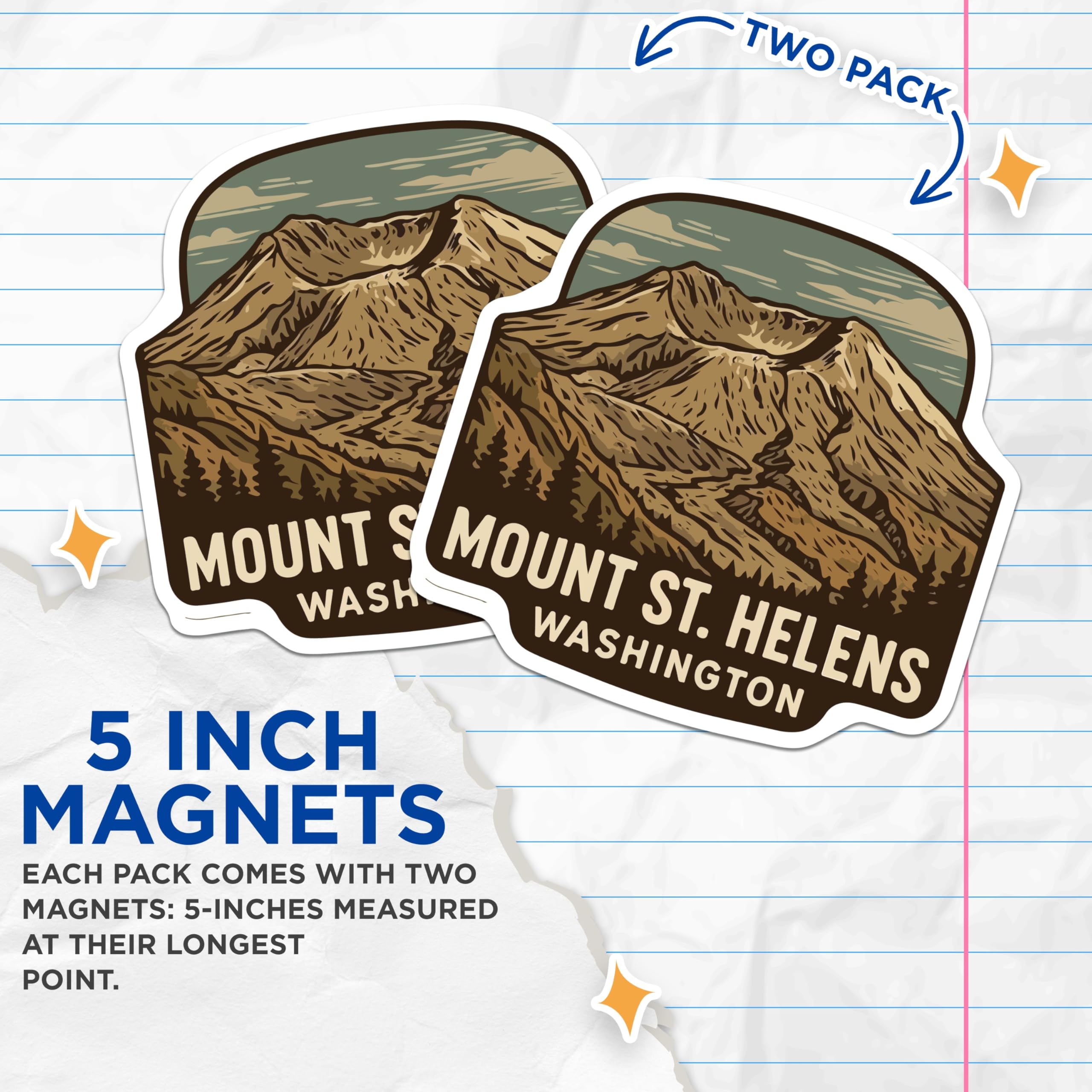 (2 Pack) Mount St Helens Magnets - Washington Volcano Decor - Pacific Northwest Adventure Souvenir - 5 Inches On Longest Side - Thick Durable Magnet - Made in USA - MAG19605