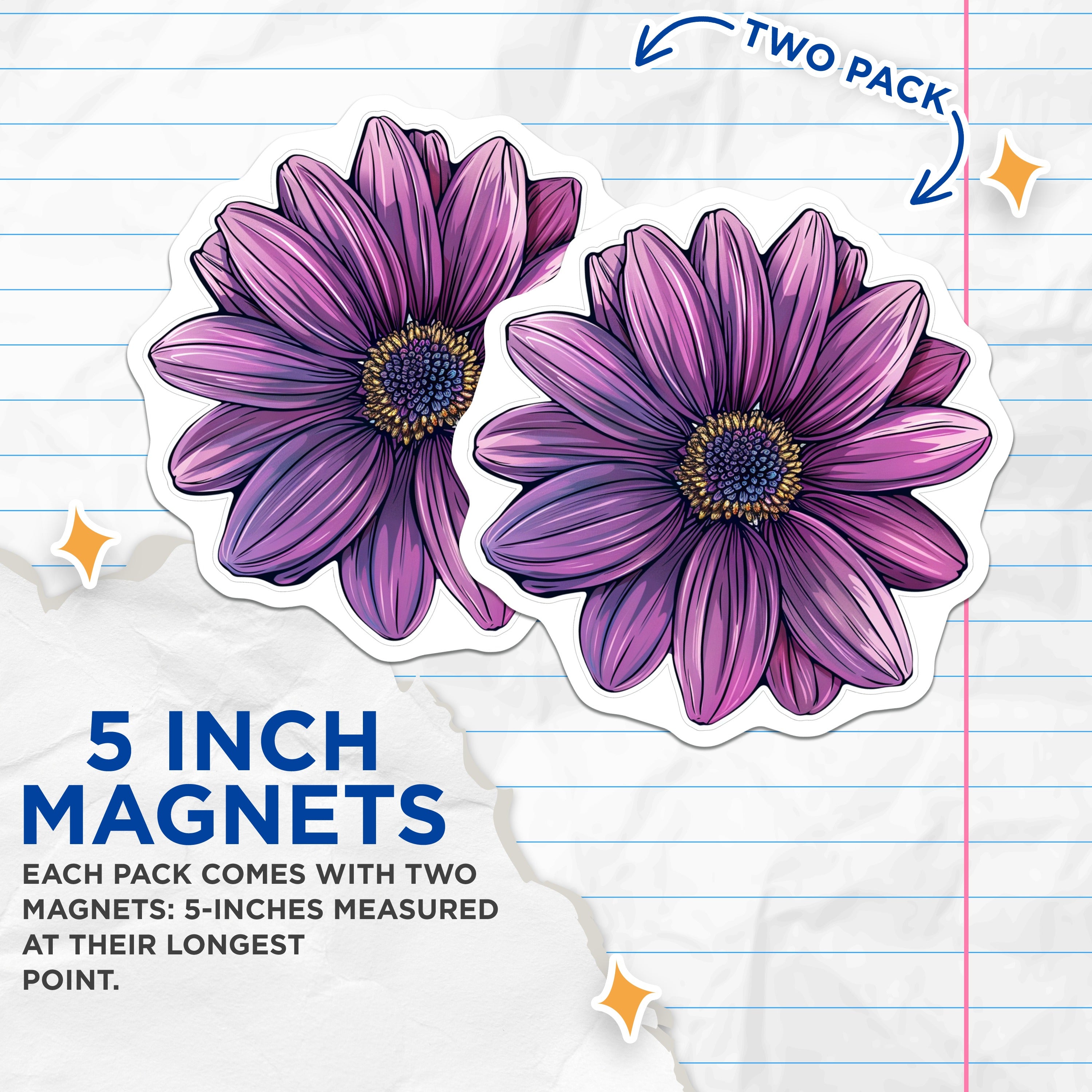 (2 Pack) Vibrant Purple Flower Magnets - Botanical Daisy Decor - Refrigerator Office Locker Accessories - 5 Inches On Longest Side - Thick Durable Magnet - Made in USA - MAG36315