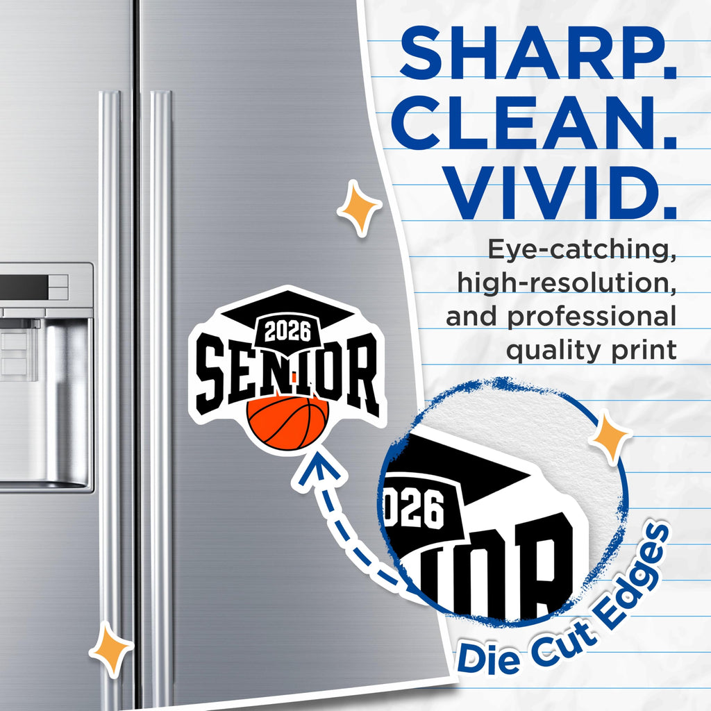 (2 Pack) Senior 2026 Basketball Magnets - Graduation Cap Decor - Class of 2026 Keepsake - High School College Graduate - 5 Inches On Longest Side - Thick Durable Magnet - Made in USA - MAG21308