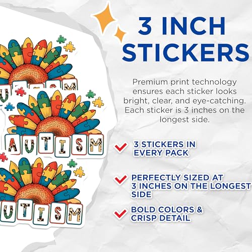 (3 Pack) Autism Awareness Decals - Puzzle Flower - Laptop Autism Decals - 3 Inches On Longest Side - Easy Peel & Apply - Made in USA - 3MCS8458