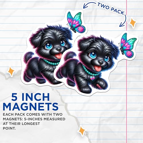 (2 Pack) Adorable Dog Art Magnet - Whimsical Animal Decor - 5" On Longest Side - Sticks to Smooth Flat Surfaces - Made in USA - MAG9602