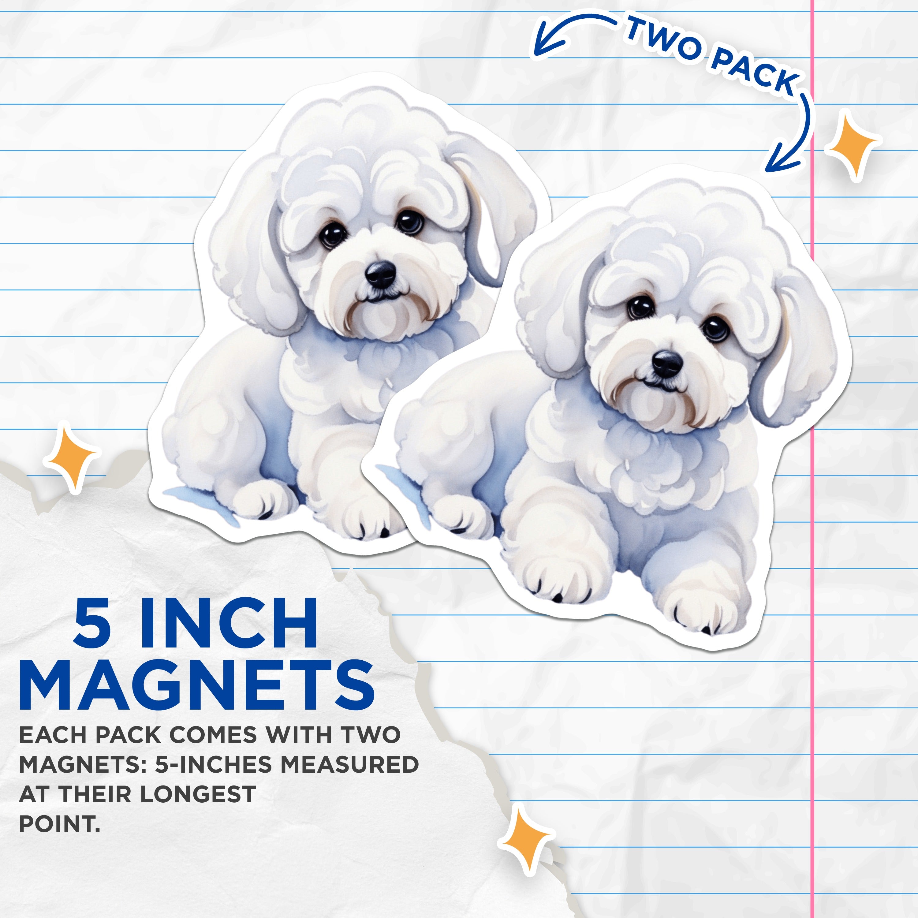 (2 Pack) Adorable Bichon Frise Magnets - Fluffy White Puppy Lover - Dog Mom Refrigerator Locker Decor - 5 Inches On Longest Side - Thick Durable Magnet - Made in USA - MAG39585
