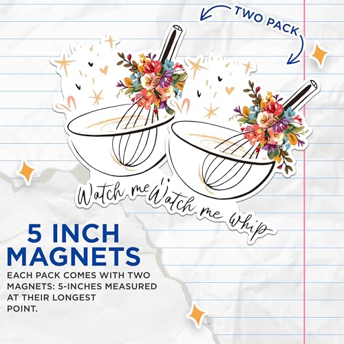 (2 Pack) Watch Me Whip Magnets - Floral Kitchen Decor Magnets - Funny Baking Quote Fridge Magnets - Home Chef Magnets- 5" On Longest Side - for Fridges, Toolboxes, Cars - Made in USA - MAG3051