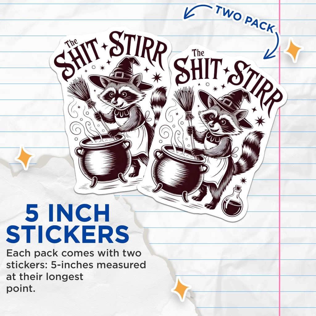 (2 Pack) Shit Stirrer Raccoon Stickers - Funny Witch Decals - Mischief Maker Designs 5" On Longest Side - Sticks to Smooth Flat Surfaces - Made in USA - BMCS13212