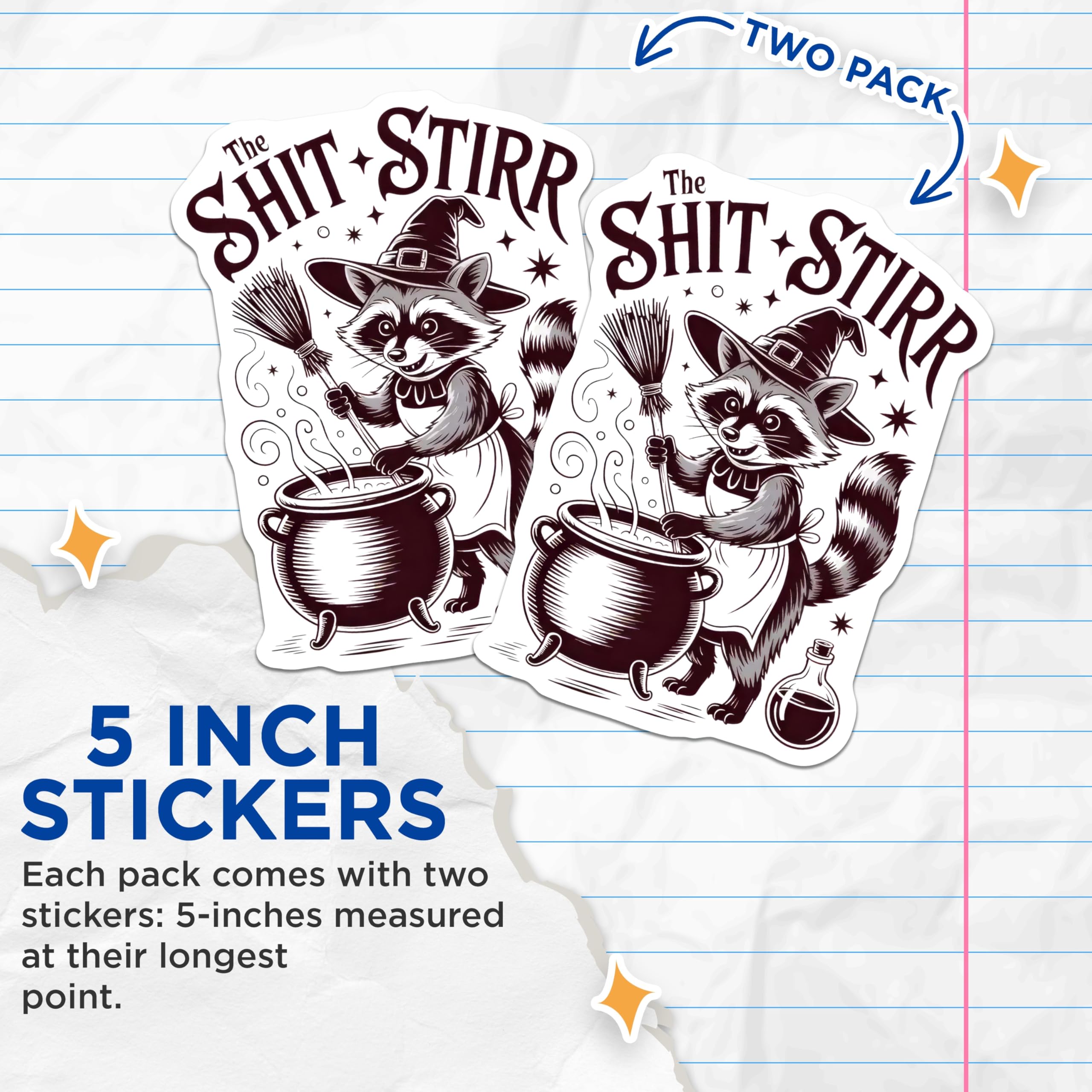 (2 Pack) Shit Stirrer Raccoon Stickers - Funny Witch Decals - Mischief Maker Designs 5" On Longest Side - Sticks to Smooth Flat Surfaces - Made in USA - BMCS13212
