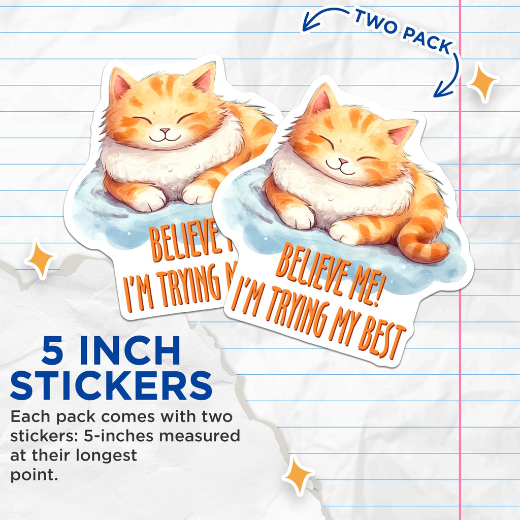 (2 Pack) Ginger Cat Stickers - Believe Me - Funny Cat Stickers - Cute Feline- 5" On Longest Side - Sticks to Smooth Flat Surfaces - Made in USA - BMCS16395