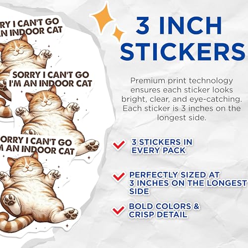 (3 Pack) Indoor Cat Decals - Funny Cat - Laptop Decals - 3 Inches On Longest Side - Easy Peel & Apply - Made in USA - 3MCS2439