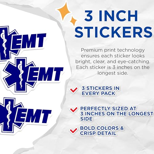 (3 Pack) EMT Decals - Star of Life - Emergency Medical Technician Stickers - 3 Inches On Longest Side - Easy Peel & Apply - Made in USA - 3MCS4031