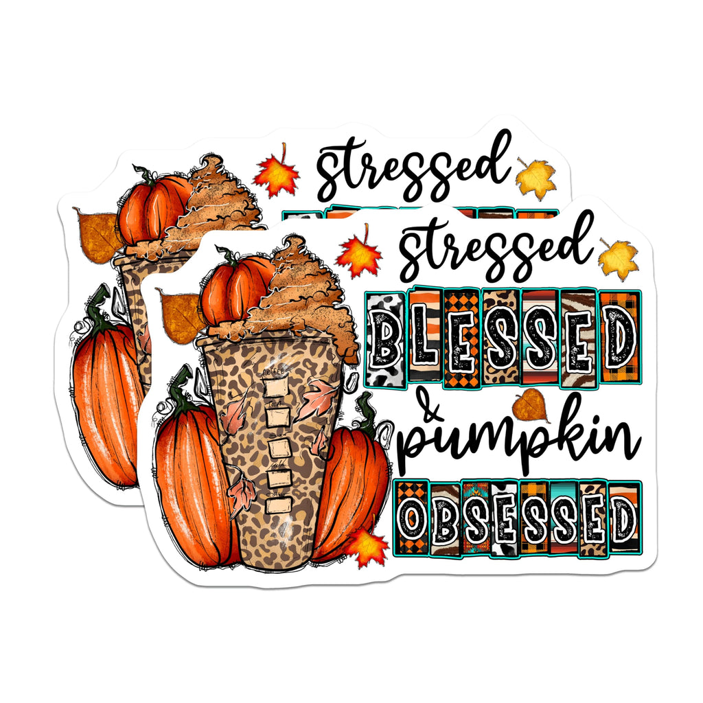 (2 Pack) Stressed Blessed Pumpkin Obsessed Magnets - Fall Coffee Decor - Leopard Print Autumn Vibes - 5 Inches On Longest Side - Thick Durable Magnet - Made in USA - MAG24468