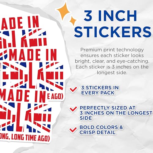 (3 Pack) Made in England Decals - British Flag Union Jack Stickers - Long Time Ago Laptop Decals - 3 Inches On Longest Side - Easy Peel & Apply - Made in USA - 3MCS7721