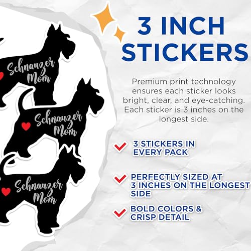 (3 Pack) Schnauzer Mom Decals - Dog Breed Stickers - Pet Lover Decal - 3 Inches On Longest Side - Easy Peel & Apply - Made in USA - 3MCS1388