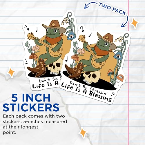 (2 Pack) Musical Frog Stickers - Inspirational Quote - Cute Animal - 5" On Longest Side - Sticks to Smooth Flat Surfaces - Made in USA - BMCS7267