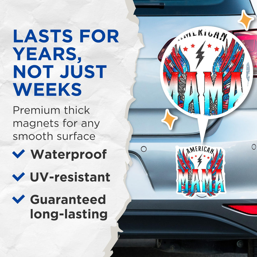 (2 Pack) American Mama Magnets - Patriotic Mom Decor - Rebel Mom Refrigerator Badge - 5 Inches On Longest Side - Thick Durable Magnet - Made in USA - MAG27836