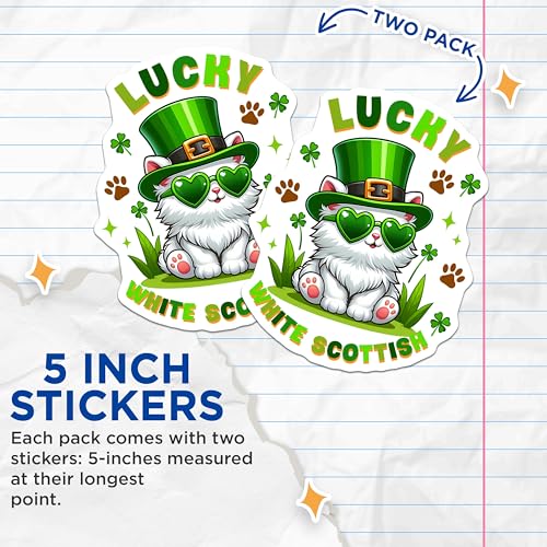 (2 Pack) Lucky White Scottish Cat Stickers - St Patrick's Day - Cute Cat - 5" On Longest Side - Sticks to Smooth Flat Surfaces - Made in USA - BMCS8103