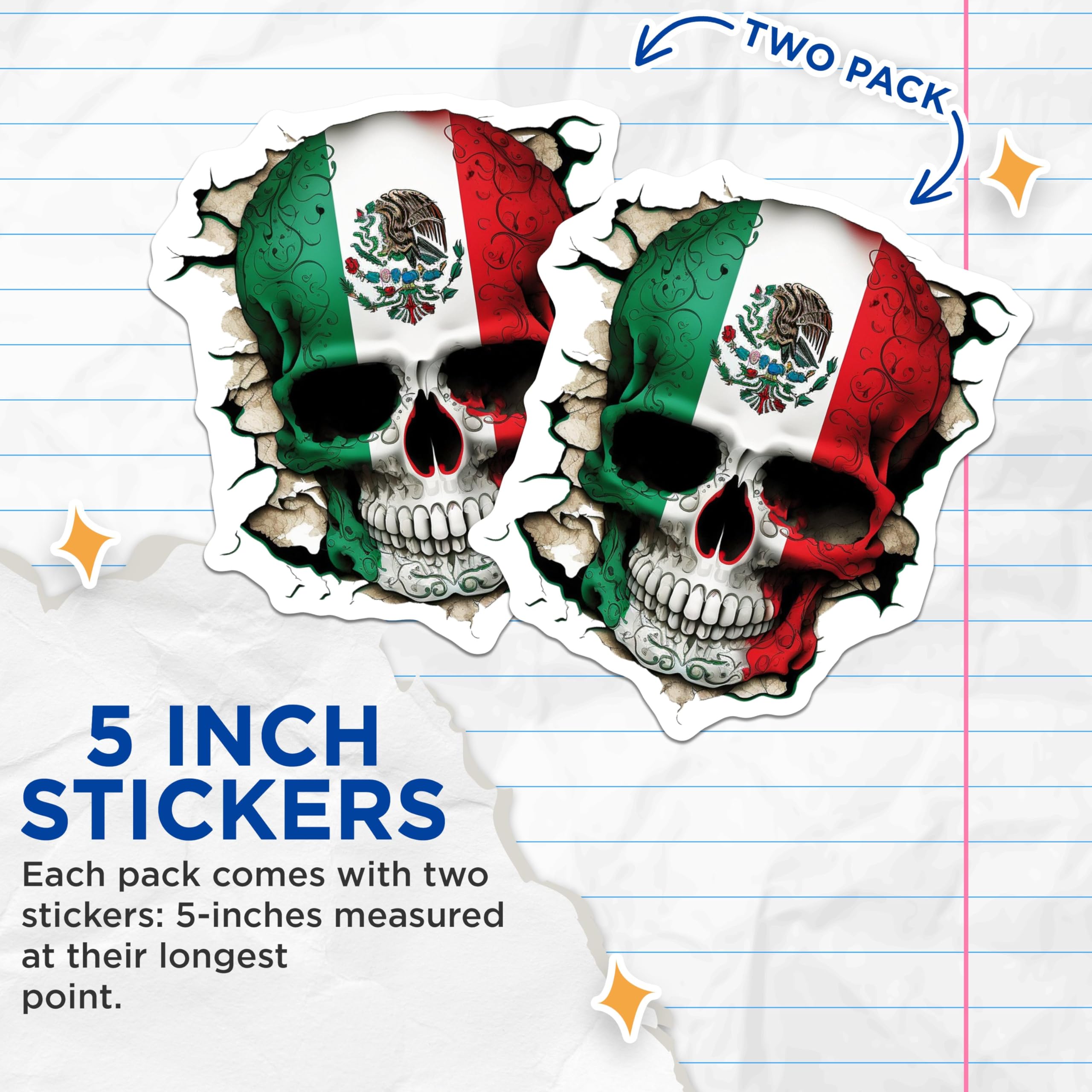 (2 Pack) Mexican Flag Skull Stickers - Day of The Dead Stickers - Mexican Pride Skull Stickers - 5" On Longest Side - Sticks to Smooth Flat Surfaces - Made in USA - BMCS5168