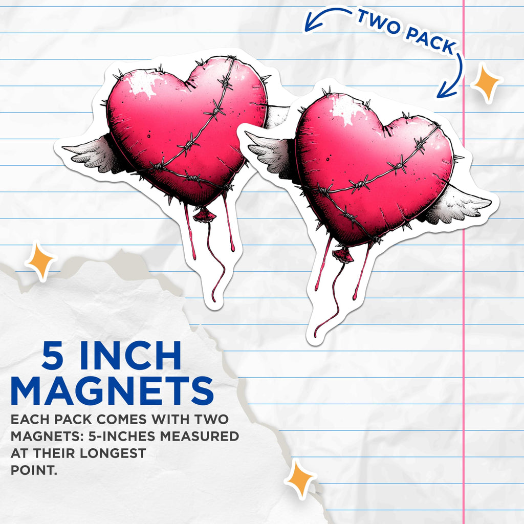 (2 Pack) Barbed Wire Heart Magnets - Gothic Edgy Aesthetic Decor - Pink Winged Broken Love Art - 5 Inches On Longest Side - Thick Durable Magnet - Made in USA - MAG21665