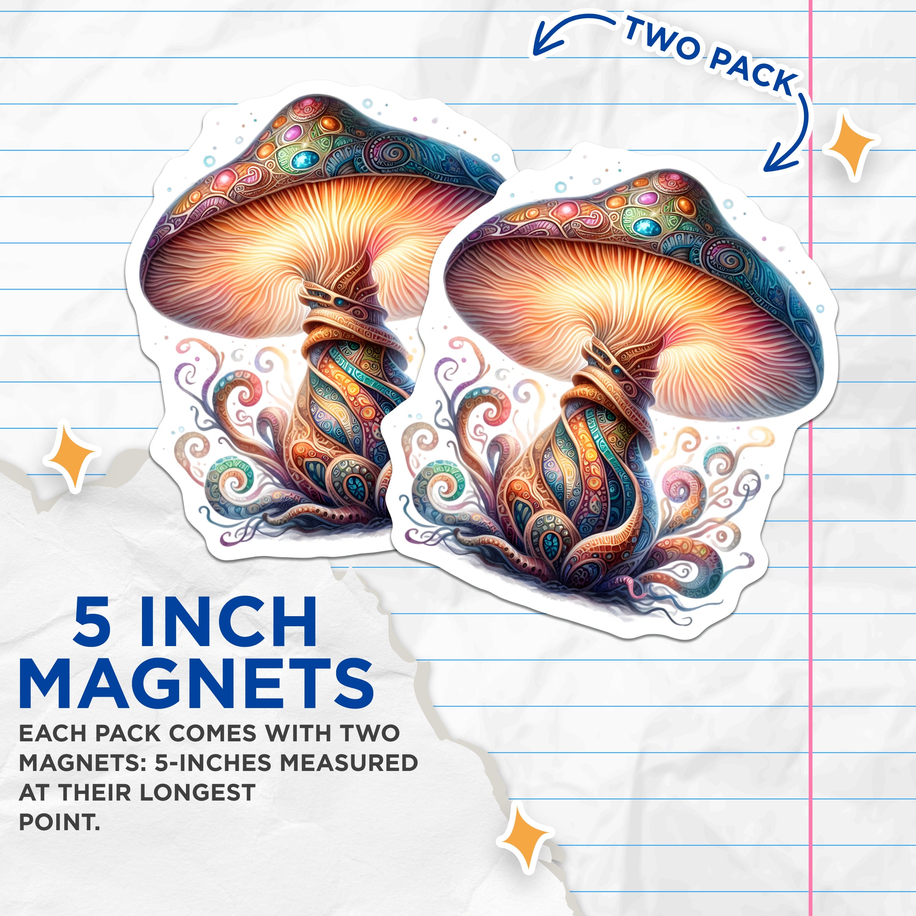(2 Pack) Psychedelic Mushroom Magnets - Bohemian Fridge Decor - Mystical Fungi Art - 5 Inches On Longest Side - Thick Durable Magnet - Made in USA - MAG38590