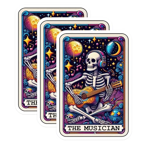 (3 Pack) Musician Skeleton Decals - Tarot Card Vinyl Decal - Music Lover Laptop Decal - 3 Inches On Longest Side - Easy Peel & Apply - Made in USA - 3MCS4229