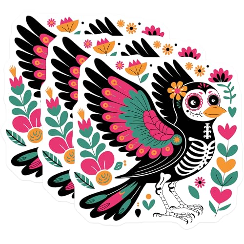 (3 Pack) Sugar Skull Bird Decals - Day of The Dead - Laptop Decal - 3 Inches On Longest Side - Easy Peel & Apply - Made in USA - 3MCS8218