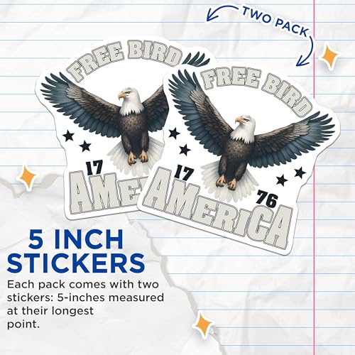 (2 Pack) Free Bird America Stickers - Bald Eagle Decal - 4th of July Celebration - Patriotic Pack - 5" On Longest Side - Sticks to Smooth Flat Surfaces - Made in USA - BMCS7411