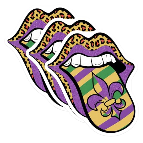 (3 Pack) Mardi Gras Lips Decals - Fleur de Lis - Leopard Print Decals - 3 Inches On Longest Side - Easy Peel & Apply - Made in USA - 3MCS7705