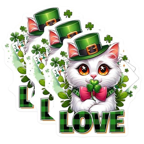 (3 Pack) St Patricks Day Cat Decals - Love Cat Stickers - Leprechaun Hat Decals - 3 Inches On Longest Side - Easy Peel & Apply - Made in USA - 3MCS6869