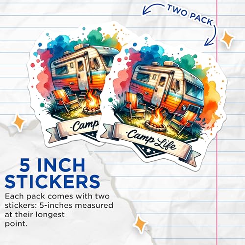(2 Pack) Camp Life Stickers - Retro Camper - Outdoor Adventure Stickers - 5" On Longest Side - Sticks to Smooth Flat Surfaces - Made in USA - BMCS6947