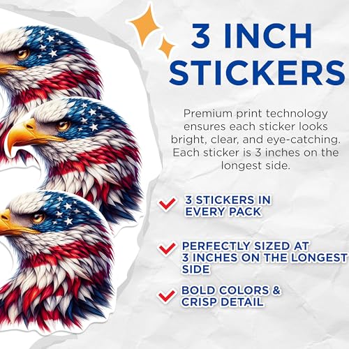 (3 Pack) American Eagle Decals - Patriotic Stickers - Laptop Decals - 3 Inches On Longest Side - Easy Peel & Apply - Made in USA - 3MCS0981