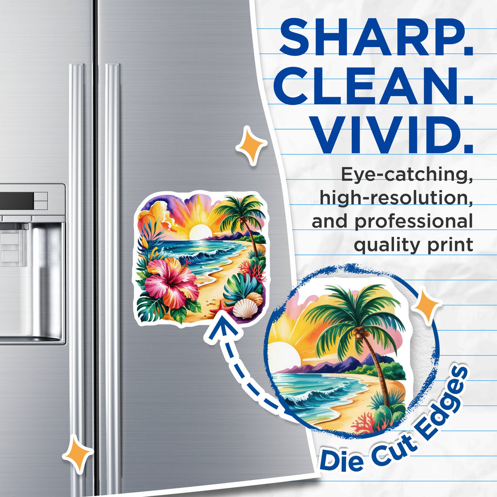 (2 Pack) Tropical Beach Sunset Magnets - Vibrant Ocean View - Hawaiian Floral Decor - Summer Vibes Fridge Locker - 5 Inches On Longest Side - Thick Durable Magnet - Made in USA - MAG36071