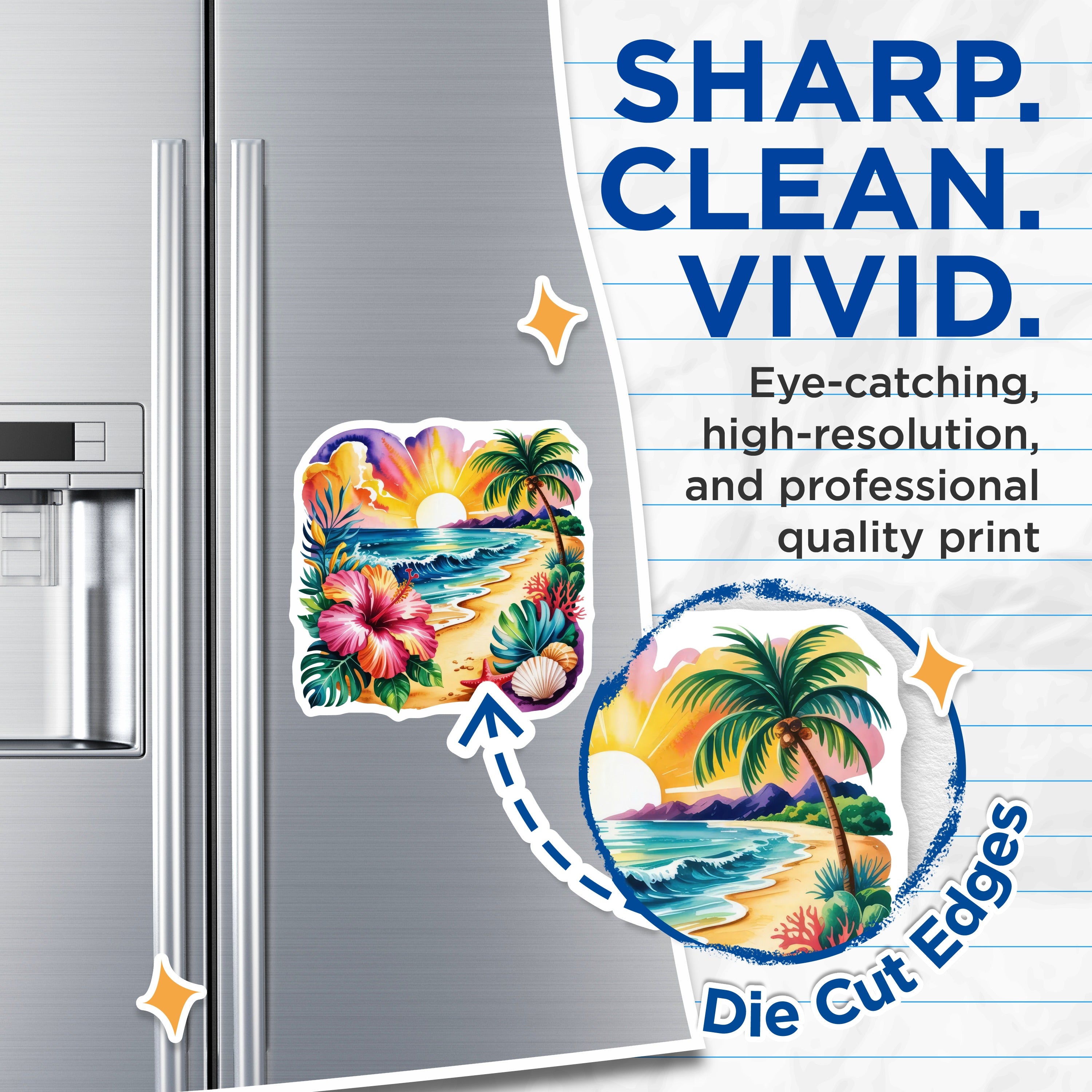 (2 Pack) Tropical Beach Sunset Magnets - Vibrant Ocean View - Hawaiian Floral Decor - Summer Vibes Fridge Locker - 5 Inches On Longest Side - Thick Durable Magnet - Made in USA - MAG36071