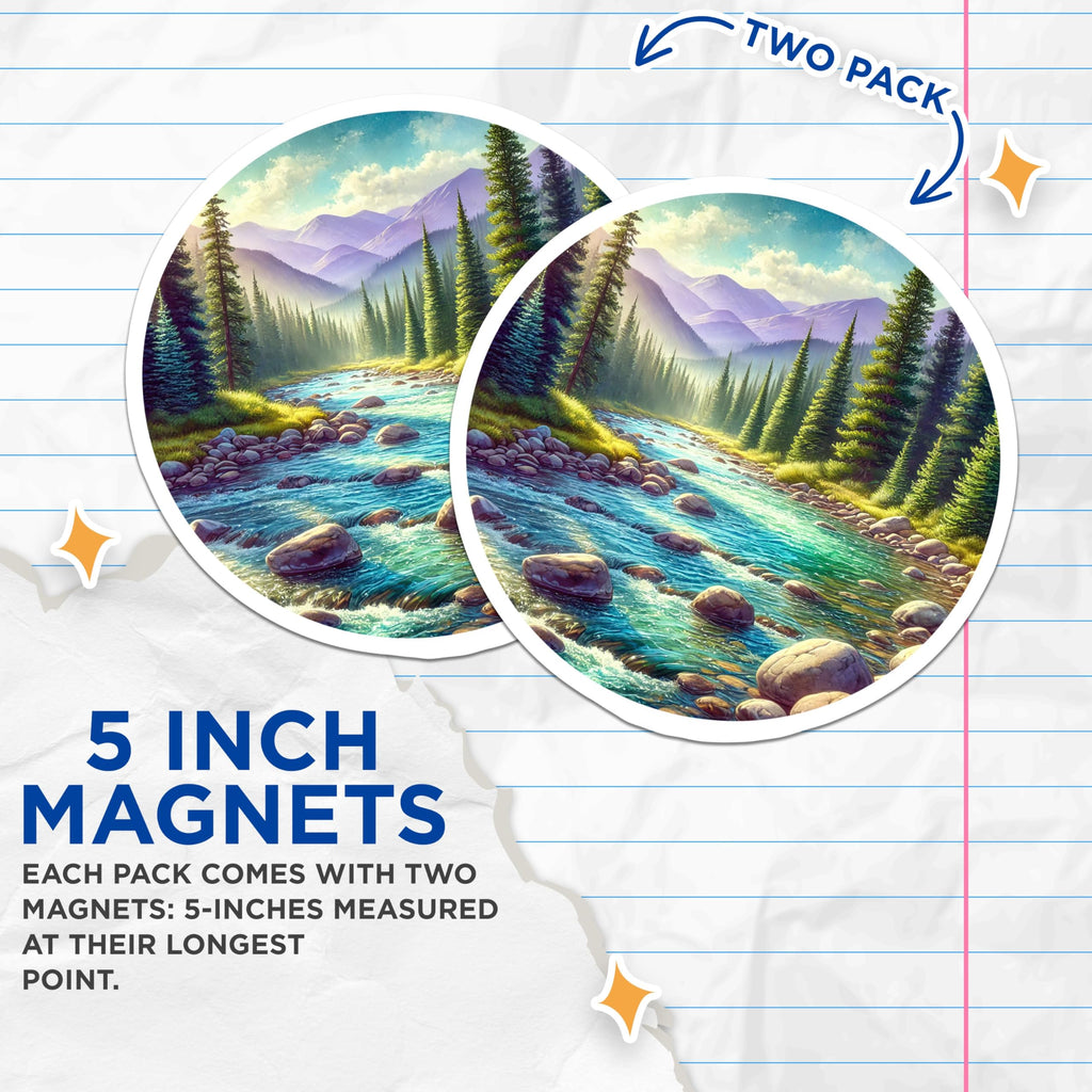 (2 Pack) River Magnets - Mountain Scene - Nature Lover Present - 5" On Longest Side - Premium Magnet - for Cars, Refrigerators, Toolboxes, Lockers - Made in USA - MAG18711